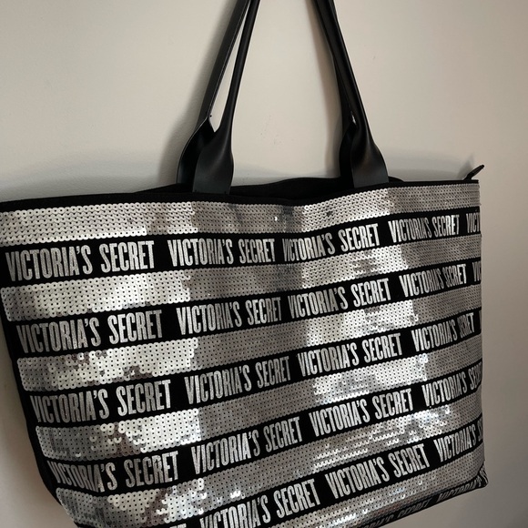 Victoria’s Secret Tote Bag – Black & Silver Sequin Bling Shopper Large Carryall - Picture 1 of 7